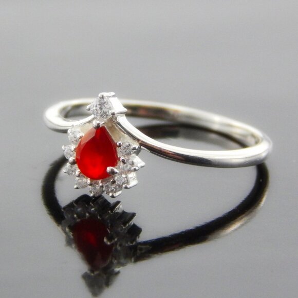 Genuine Mexican Fire Opal Pear Cut Ring in 925 Silver - Picture 2 of 7